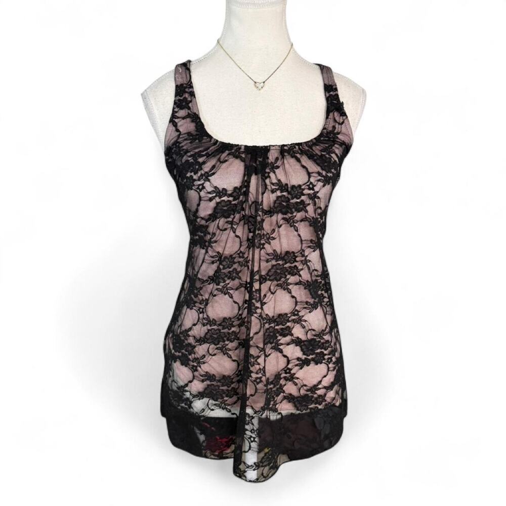 Julie’s Closet Pink + Black Lace Layered Square Neck Y2K 2000z Tank Top Size M